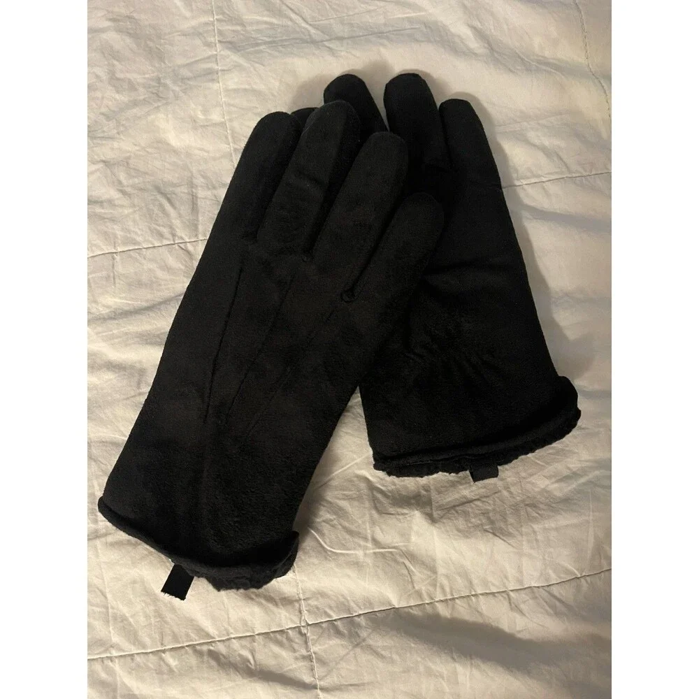 L.L. Bean Town & Field Suede Feel Black Winter Gloves faux Fleece Lining Sz Med